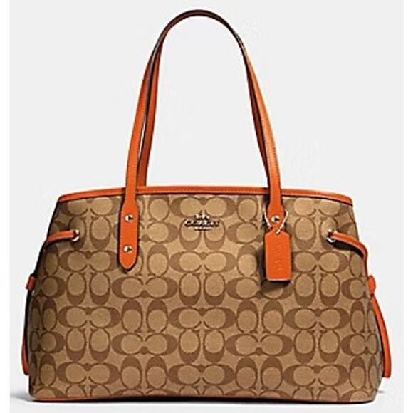 Coach Drawstring Carryall Handbag Signature Brown Logo Print Orange Trim - Picture 1 of 10